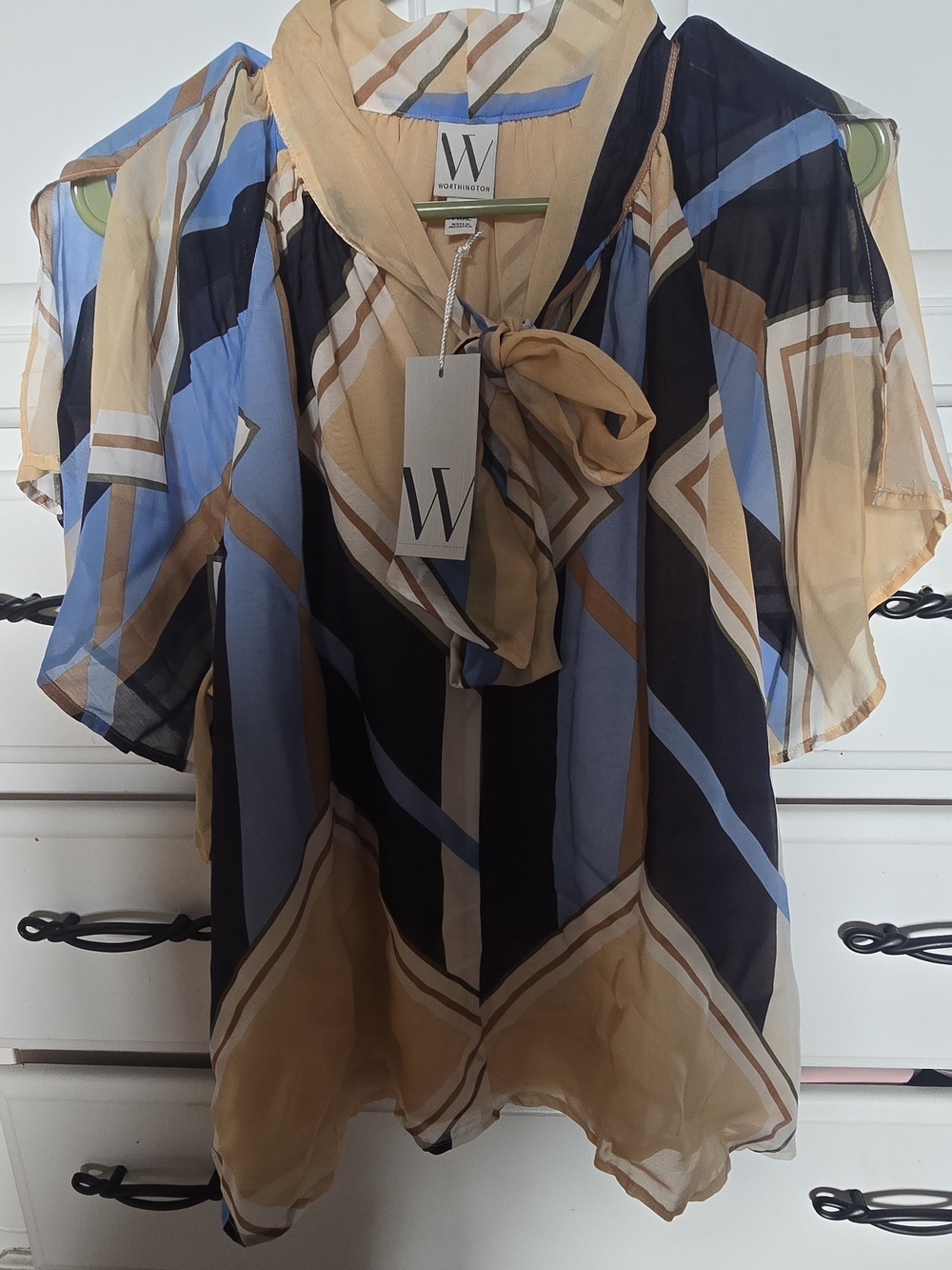 Worthington Blue and Tan Geometric Tie-Neck Blouse